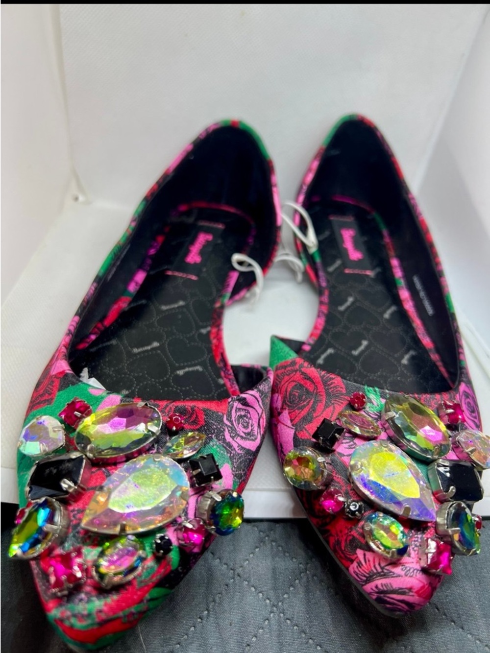 Betsey Johnson Pink & Green Floral Jeweled Pointed Flats
